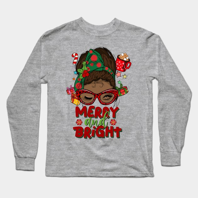 Merry and Bright, Black Girl Christmas Magic Long Sleeve T-Shirt by UrbanLifeApparel